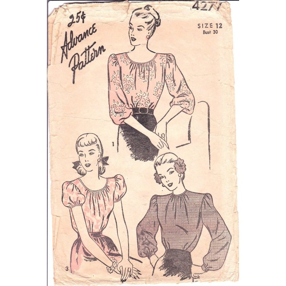 Vintage Sewing PATTERN, Advance 4277, Womens or Misses 1946 Peasant Blouse